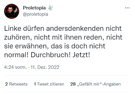 Ervin Tahirovic aka. Proletopia wird in einem gestern erschienen Video dafür kritisiert, dass er u.a. einem rechtsextremen Influencer auf seinen Social Media-Kanälen eine Plattform gibt.

Einen Tag später beschwert er sich darüber, dass man "Andersdenkenden" nicht zuhören dürfe.