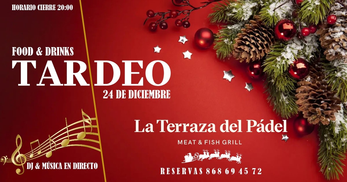 TerrazaPadel's tweet photo. Tardeo 24 de diciembre en La Terraza del Padel
Food &amp; Drinks –DJ &amp; Música en directo.
Reservas al 868 69 45 72.
#Navidad #Fiesta #DeTapeo #Comer https://t.co/spApYdWrIE