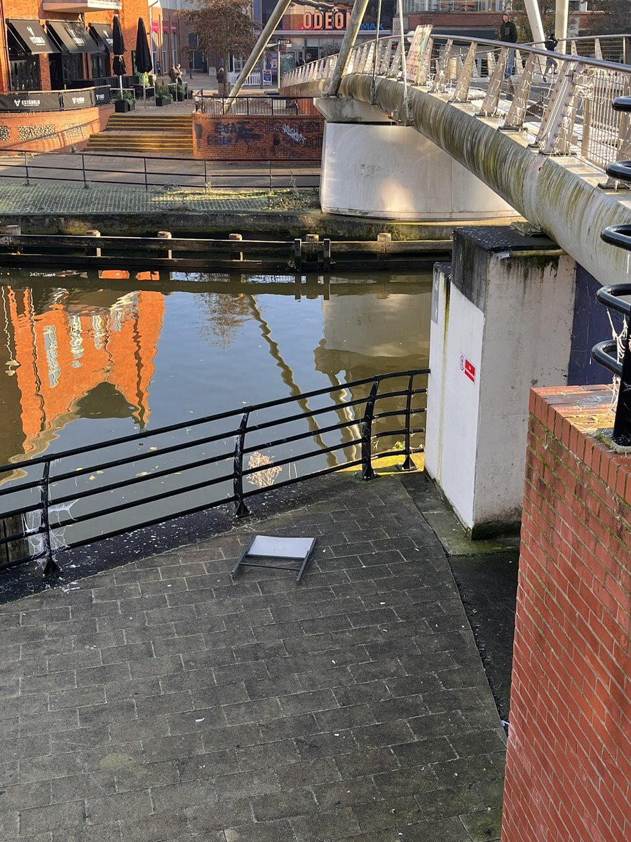 ByNorwich's tweet photo. @BroadsBeat @NorwichPoliceUK Barriers at Lady Julian Bridge have been tampered with overnight. At least one in the river near St Anne’s Quarter. https://t.co/tP7Uc4l1nz