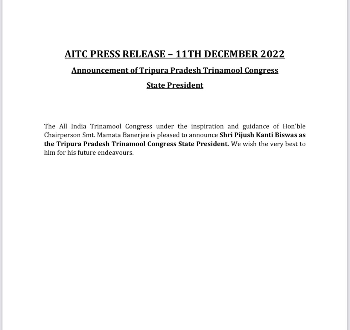 Debajyoti_Again's tweet photo. @sradvbiswas(Pijush Kanti Biswas)  Sir Being Appointed as the Newly  State President of @AITC4Tripura under the guidance Of @MamataOfficial @abhishekaitc. I wish the very best to him for his future Endeavours.
#TripuraTMC
#TMC
#AITCTRIPURA 
#TMCP https://t.co/nn232yWoaq