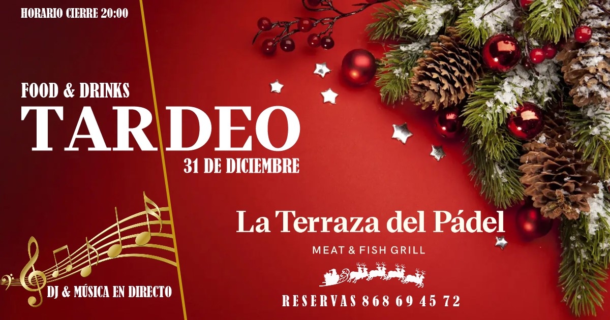 TerrazaPadel's tweet photo. Tardeo 31 de diciembre en La Terraza del Padel
Food &amp; Drinks –DJ &amp; Música en directo.
Reservas al 868 69 45 72.
#Navidad #Fiesta #DeTapeo #Comer https://t.co/4hT9j4b7ci