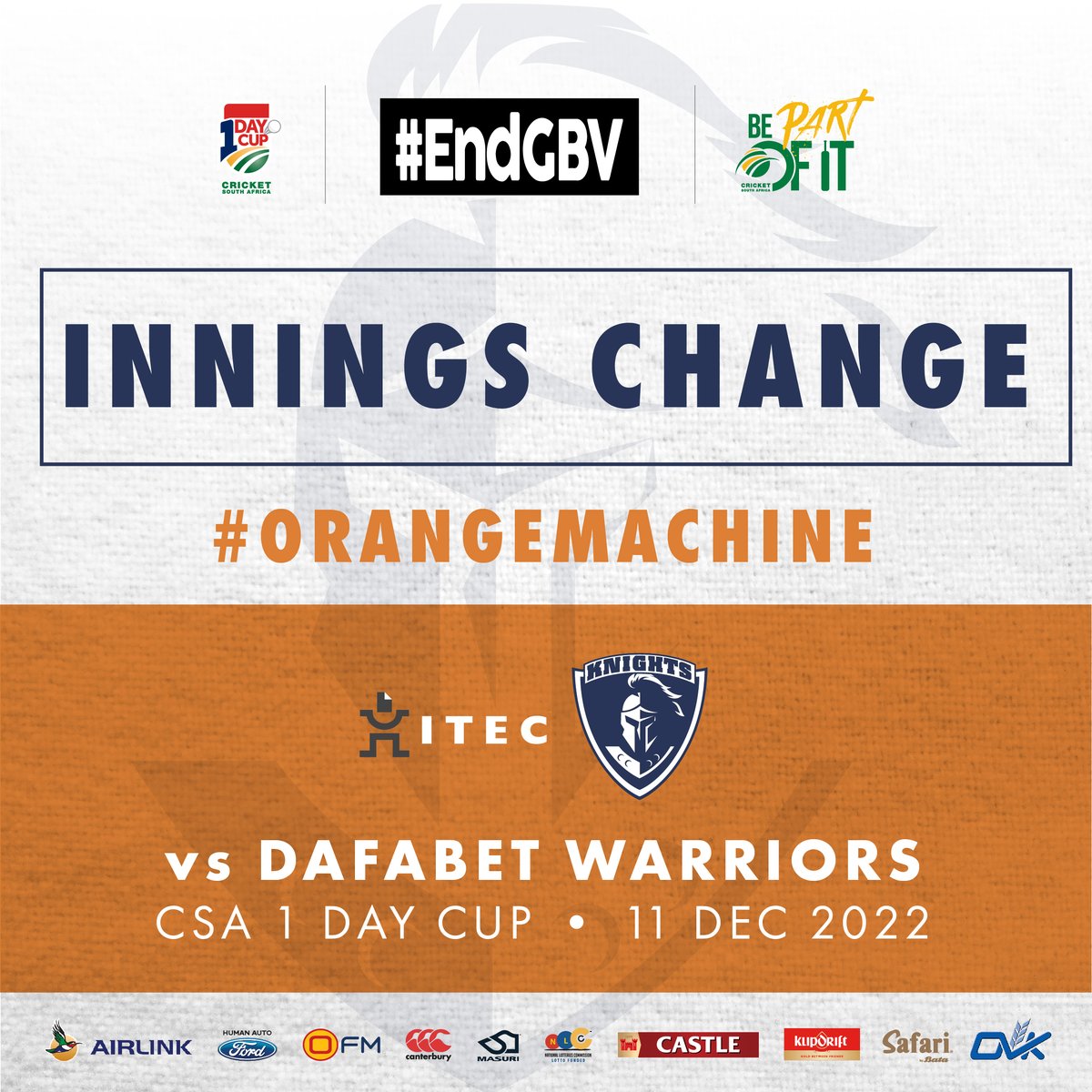 KnightsCricket's tweet photo. #1DayCup - ๐ฆ๐๐ข๐ฅ๐ ๐จ๐ฃ๐๐๐ง๐
ITEC Knights vs Dafabet Warriors
Warriors - 222 all out - (48ov)
Budaza - 3/35
Swanepoel - 2/39
Snyman - 2/44
#OrangeMachine
#ItsKnightTime https://t.co/xs0d6P5z0Z
