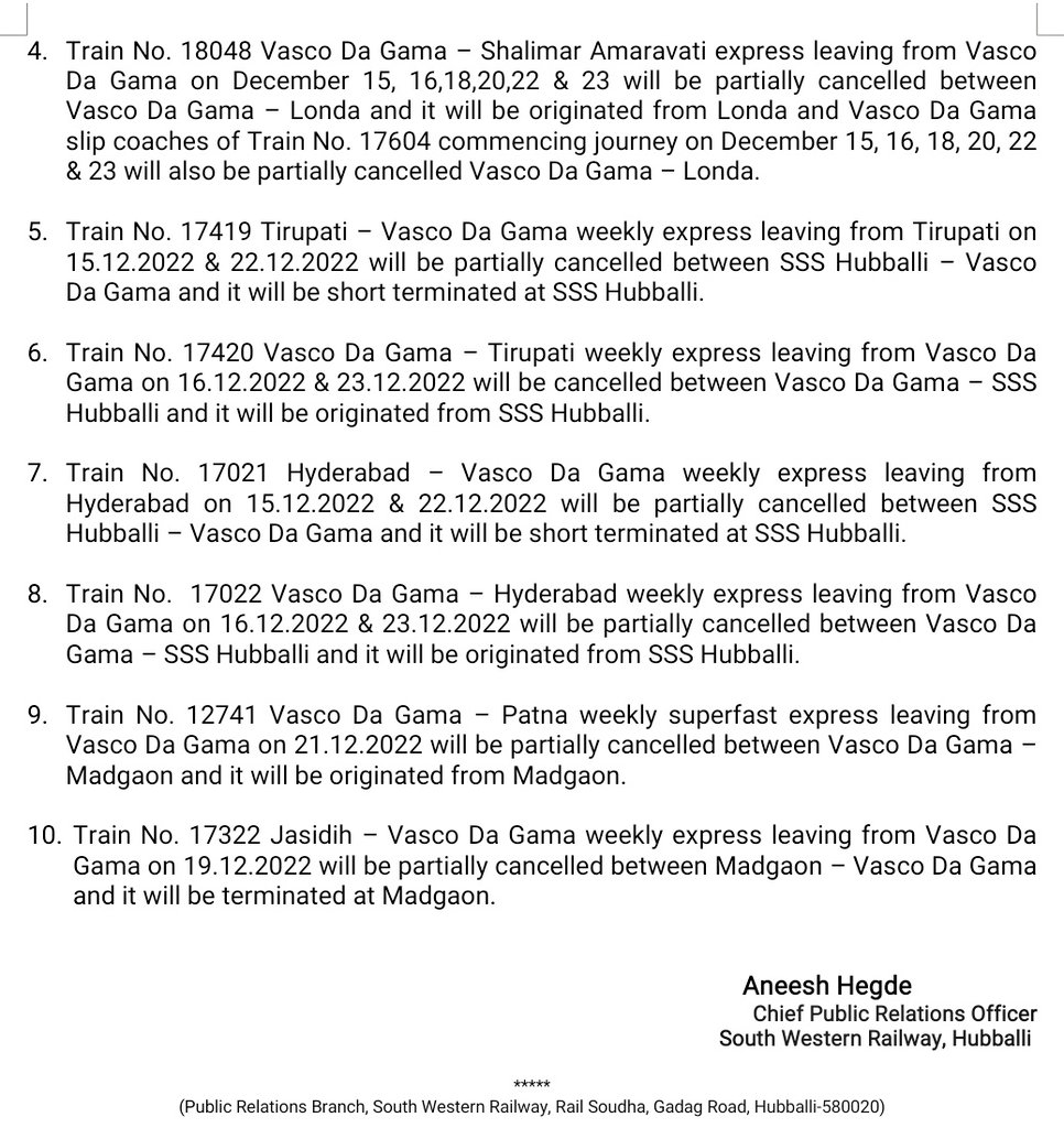 DRM Hubballi On Twitter Cancellation Partial Cancellation Of Trains 