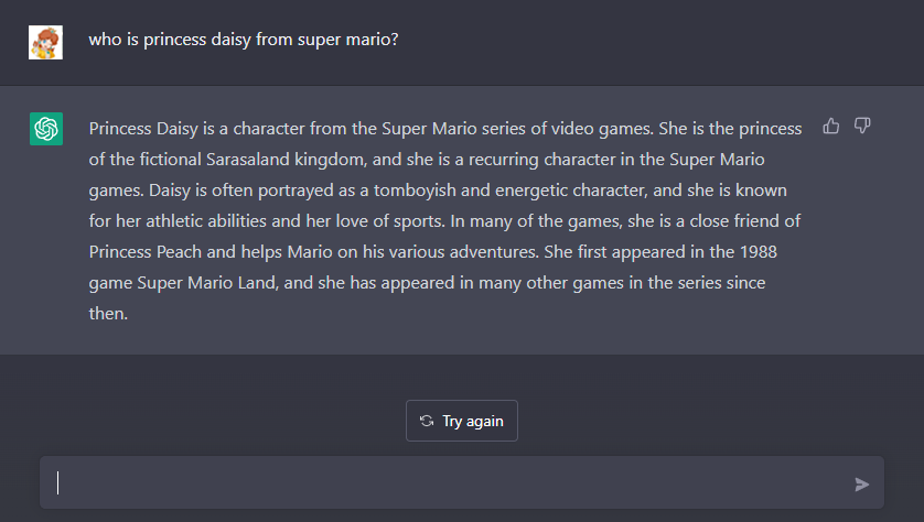 Daisy9Forever's tweet photo. ChatGPT about Princess Daisy https://t.co/cg9iJdVHlE
