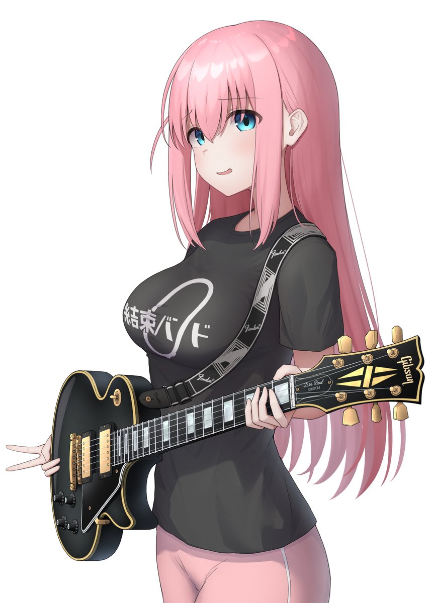 gotou hitori 1girl pink hair shirt pink pants guitar solo instrument  illustration images