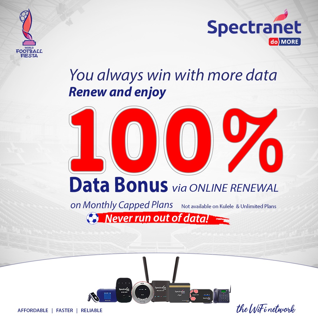 Spectranet_NG's tweet photo. What a weekend of football &amp; more! There are loads of more excitement ahead -  so, renew your subscription today and enjoy 100% bonus on monthly capped plans only. #doMore #Stayconnected and enjoy more on #theWiFiNetwork https://t.co/M16M5bdpdH