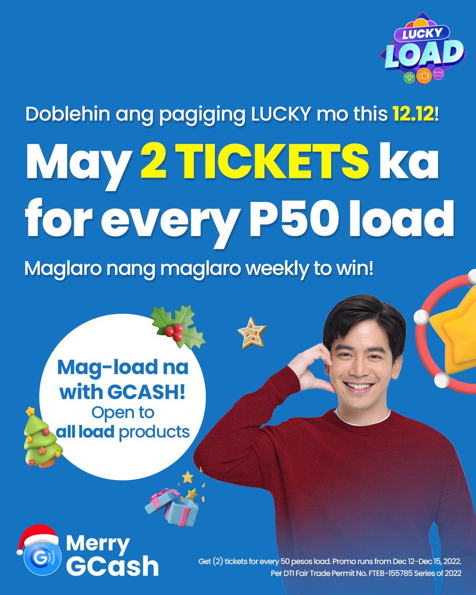 gcashofficial's tweet photo. Doble ang chance mo manalo ngayong 12.12!
Mag-Buy Load lang ng at least P50 on GCash and get 2 tickets to play Lucky Load. Manood ng live draw sa December 19, 6 PM for more exciting games and prizes.
#GforMoreMagic #ReadySetGForJoshua #MerryGCash2022 #iGCashMo π
π https://t.co/pwoaMD7NqS