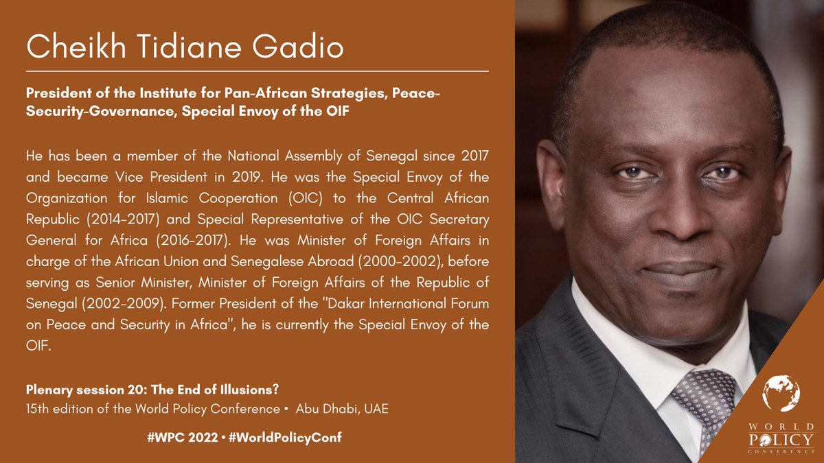 WorldPolicyConf's tweet photo. .@CheikhGadio, President of the Institute for Pan-African Strategies, Peace-Security-Governance, Special Envoy of the @OIFrancophonie, is now speaking.
Follow his intervention on our livestream ➡️⏺️https://t.co/zuVaZf0S4c
#WorldPolicyConf #worldpolicyconference #WPC2022 @IFRI_ https://t.co/R3tJCikStV