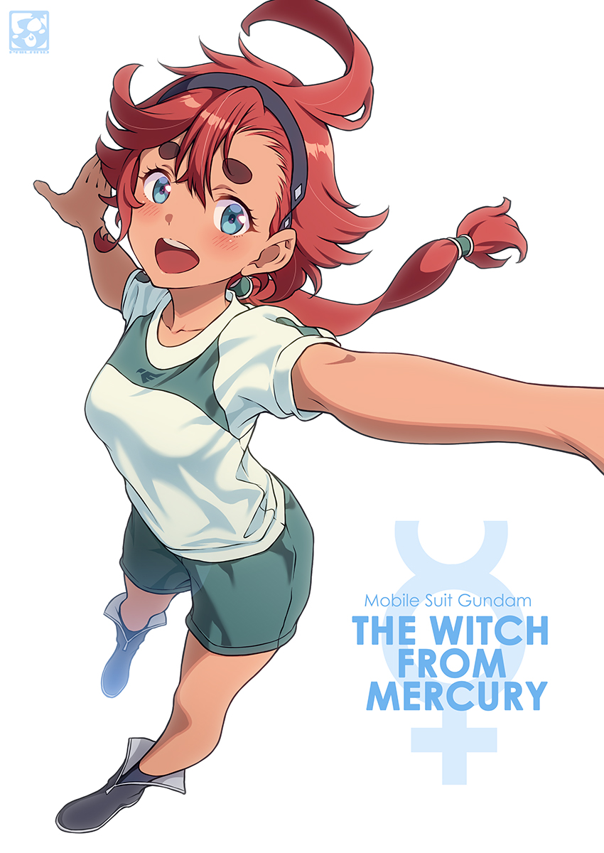 suletta mercury 1girl red hair solo hairband shorts copyright name white background  illustration images