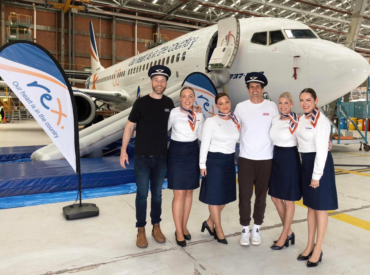 FlyReXaustralia's tweet photo. From your entire crew here at Rex Airlines and Melbourne Airport - we were delighted to welcome Captains Hamish &amp; Andy and passengers onboard Flight HA254, our world-first non-stop Plane Party. https://t.co/HisjWF6VI5