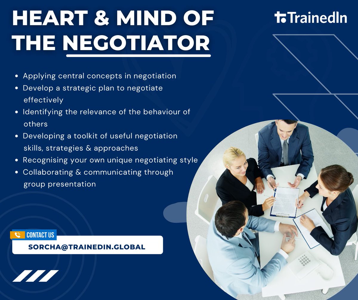 TrainedInGlobal's tweet photo. We focus on the core soft human skills required for effective, ethical and efficient negotiation-Win-Win. If you want to run this course for your team, get in touch with us today sorcha@trainedin.global
#Negotiation #Training #Sales #Business ##negotiationskills #TrainedIn https://t.co/WBmilWlmTH