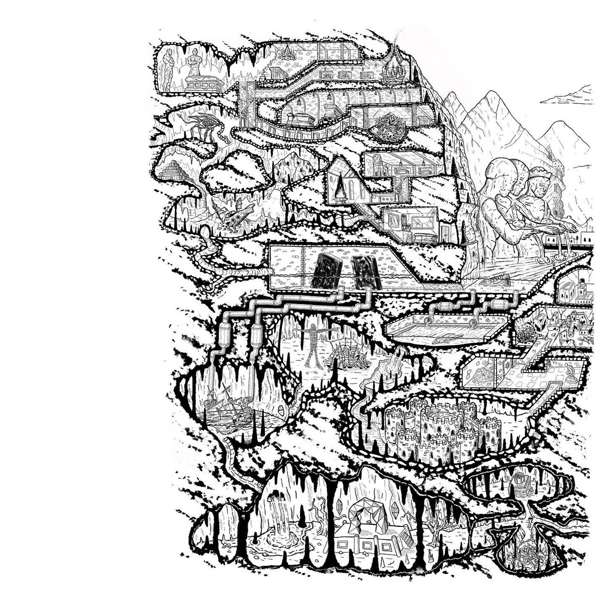 ChloeTheCartog's tweet photo. To get all nerdy for one moment about graphics design, in this map I used a one point perspective to keep the horizon on the page and show the rooms with some depth. #inkmap #inkdrawing 2/N https://t.co/SYSQ7EgFxi