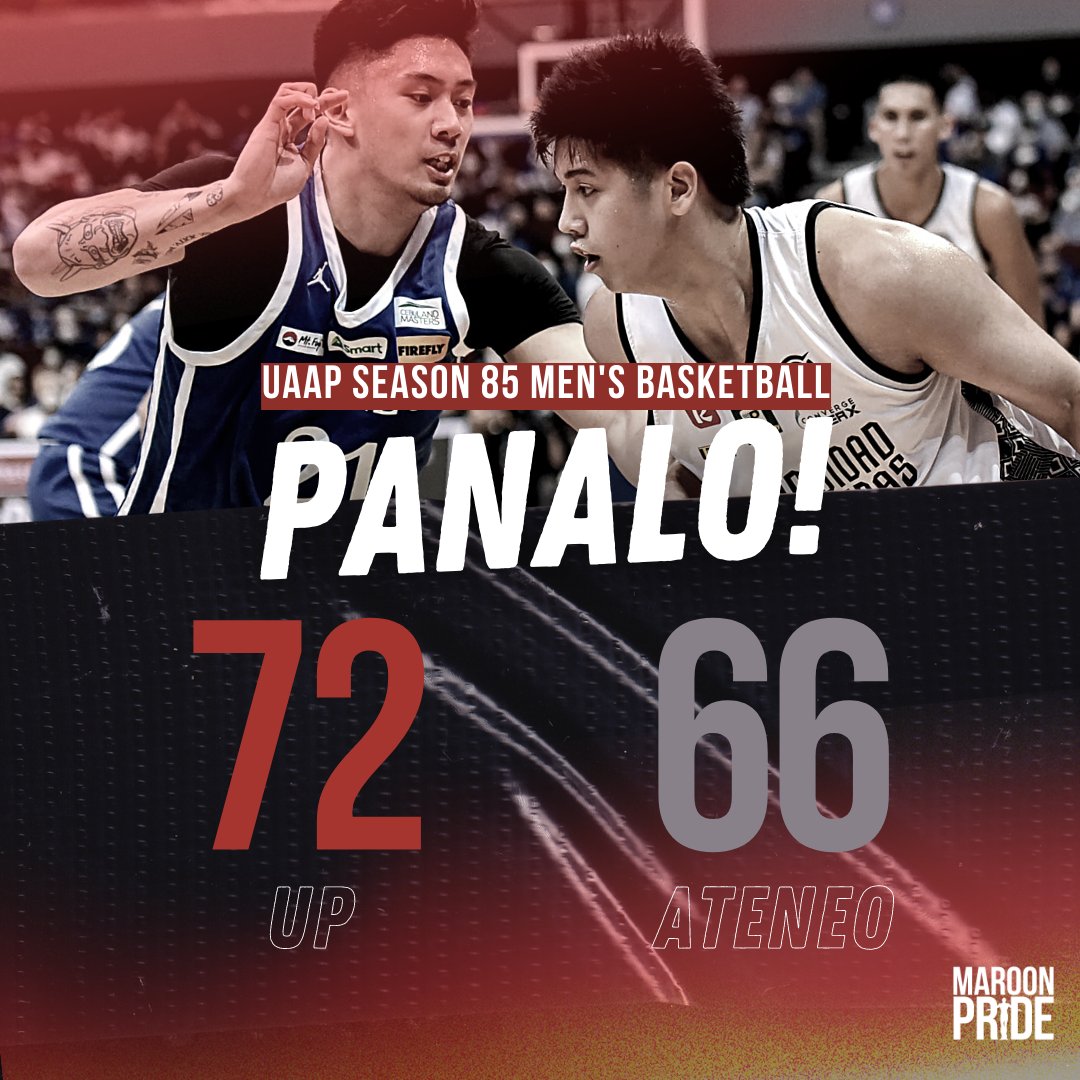 upmaroonpride's tweet photo. PANALO! The UP Men's Basketball team takes GAME 1 of #UAAPSeason85 Finals against Ateneo, 72-66! Congratulations! #UPFight #MaroonPride https://t.co/UgC2XzMfvR