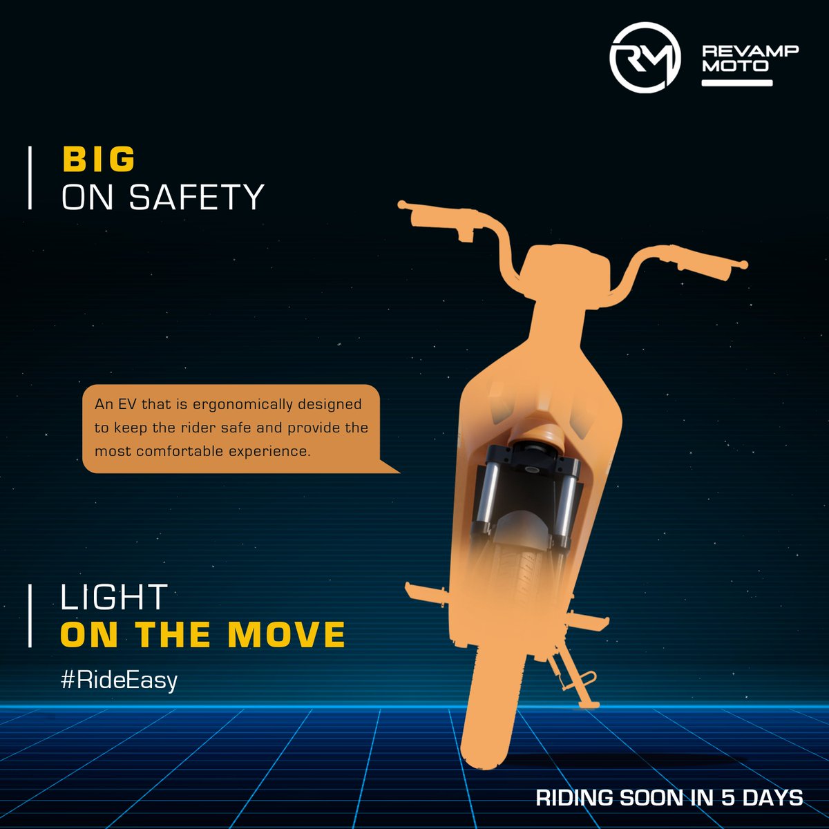 revampmoto's tweet image. “Tabh ke scooters me loha hua karta tha.”

It&apos;s time to evolve from those days with revamped ride and handling.

A solid blend of durability and balance makes every #RideEasy. Be ready to experience the innovation #RideEasy in 5 days.

#launchingsoon #Metaverse #LiveEvent