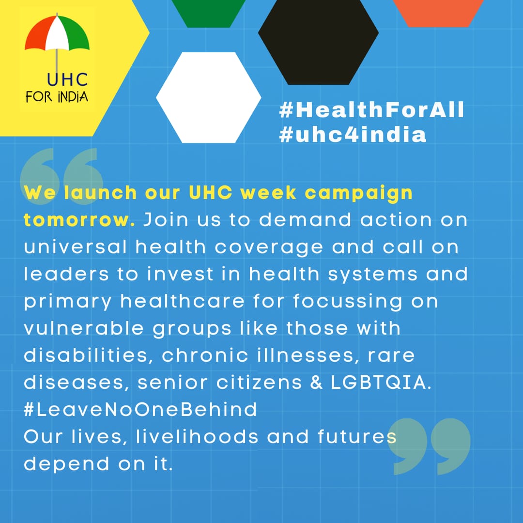 .@UHC4India will highlight action oriented messages on #healthpromotion, #holisticwellness, prevention,  #multisectoralapproaches, #innovativefinancing mechanisms to achieve #HealthForAll. 

Support this collaborative approach to set up a concrete roadmap to achieve #UHC for all!