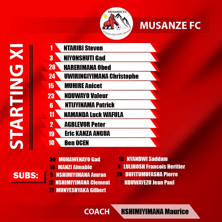musanzefc's tweet photo. Uko niko ikipe igiye gutangira mu kibuga mu mukino tugiye guhuramo na Gasogi United kuri iki gicamunsi.
🔴 Muhire Anicet #Gasongo nyuma y'igihe yaravunitse yagarutse mu bakinnyi 11 umutoza agiye gukoresha.
@PrimusLeague
#MD13
#IngagiNkuru
#VisitMusanze https://t.co/eSB206erFl
