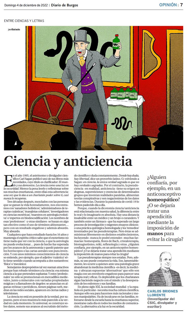 brionesci's tweet photo. Se cumple una semana del artículo de opinión "Ciencia y anticiencia" en mi sección #EntreCienciasYLetras de @diariodeburgos. 

A los pseudoterapeutas y magufos no les ha gustado, claro ;-) ¡Muchas gracias a los demás por todo lo que lo estáis moviendo!

https://t.co/oYTpcmmcN1 https://t.co/KOQGOBcz8A
