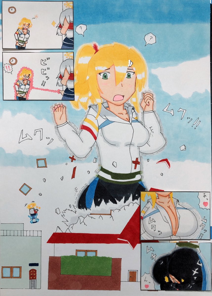Ku_Ro_Ero's tweet photo. 寝ぼけながら着替え中のこまたろう(@komasan1005)さんのうちの子、高尾凪さんに標的を定めたパイアナちゃん。

膨乳、膨尻差分追加してみました。

#巨大娘　#巨大化
#GiantessGrowth  #Sizetwitter
#breast_expansion
#ass_expansion https://t.co/AeC9Se8FEN