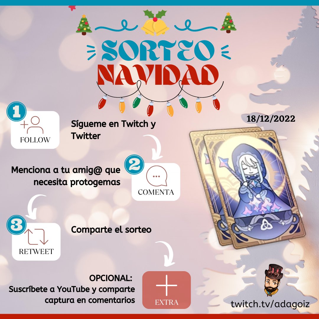 adagoiz's tweet image. 🎄 ¡SORTEO NAVIDAD! 🎄 

💫Bendición lunar x2💫 #Genshinlmpact

1⃣ Sígueme en twitch.tv/adagoiz y Twitter.
2⃣ Etiqueta a tu amig@.
3⃣ Retweet al sorteo.

✅ Participación EXTRA: Suscríbete en YouTube (youtube.com/@adagoiz) y comparte captura.
