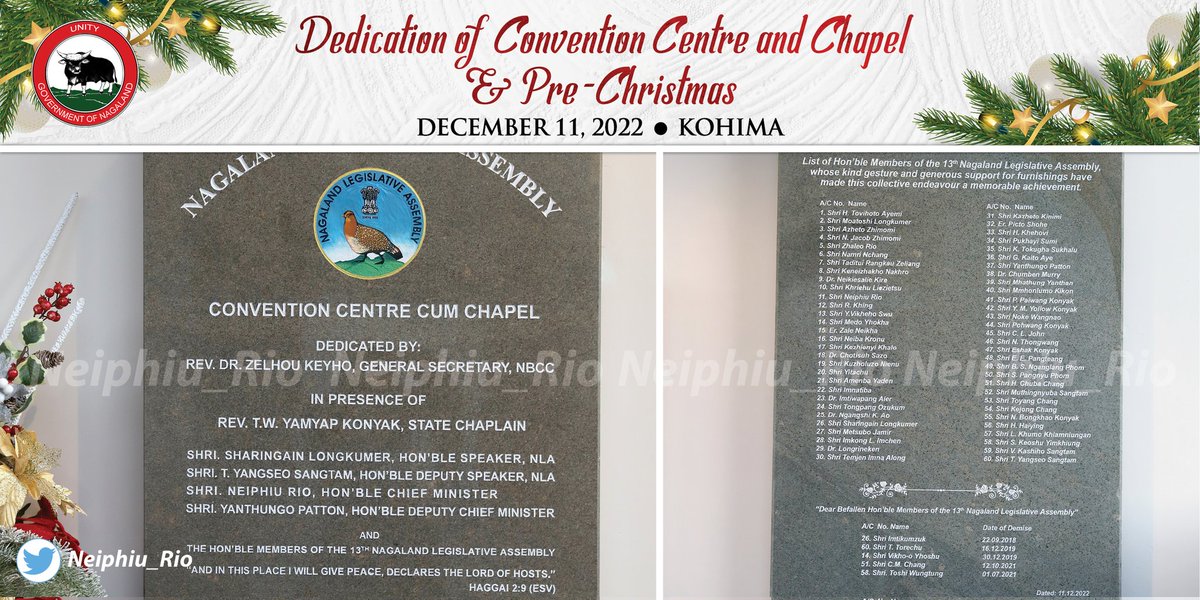 I thank everyone who witnessed the dedication of 
Convention Centre cum Chapel Hall of the Nagaland Legislators' Christian Fellowship by Rev. Dr Zelhou Keyho, Gen. Secy NBCC. I hope &amp; pray the new building will be a wonderful place for worship &amp; fellowship for generations to come