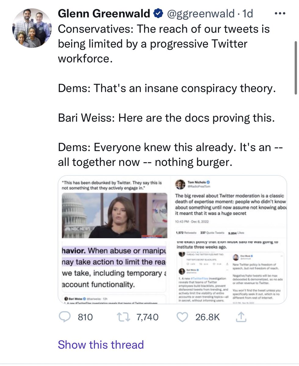 RVAwonk's tweet photo. Glenn Greenwald is probably the most intellectually dishonest person I’ve ever encountered.

“Dems” never denied that Twitter was limiting the reach of RW tweets. What they did say is that claims of biased, ideologically-motivated censorship are a conspiracy theory. And they are. https://t.co/4Xr1MIRdRn