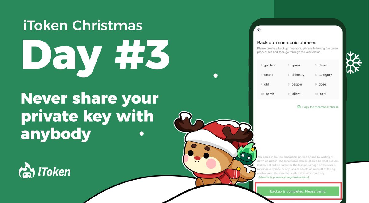 iTokenWallet's tweet photo. When you see: "Give me your private key"

Read it as: "Give me all your crypto"

Typical fake reasons include "for verification" or "to claim a big prize"

❗️Delete and report❗️

NFT claim: In iToken Wallet mobile app "Discover" tab, type https://t.co/fOsZmZCiLg and connect https://t.co/TXiC9dFeT7