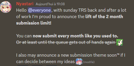 Gastari_'s tweet photo. Important notice: TRS lifts the 2 month submission limit. We are now back to a 1 month limit! https://t.co/lValbqREpM