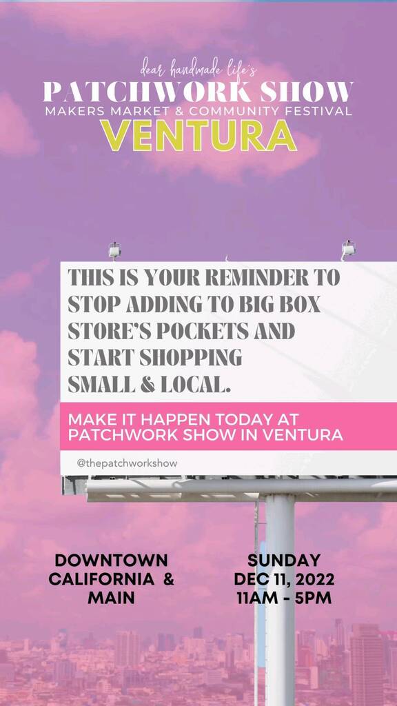 Shop small this holiday season! 🛍️✨🫶🏼

We'll be in downtown Ventura from 11am-5pm supporting local biz. Join us! 

☀️VENTURA - Dec. 11 in @downtownventura
.
.
.
.
.
.
.
#dearhandmadelife #patchworkshow
#visitventura #mydowntownventura #downtownventur… instagr.am/reel/CmCREmOjz…