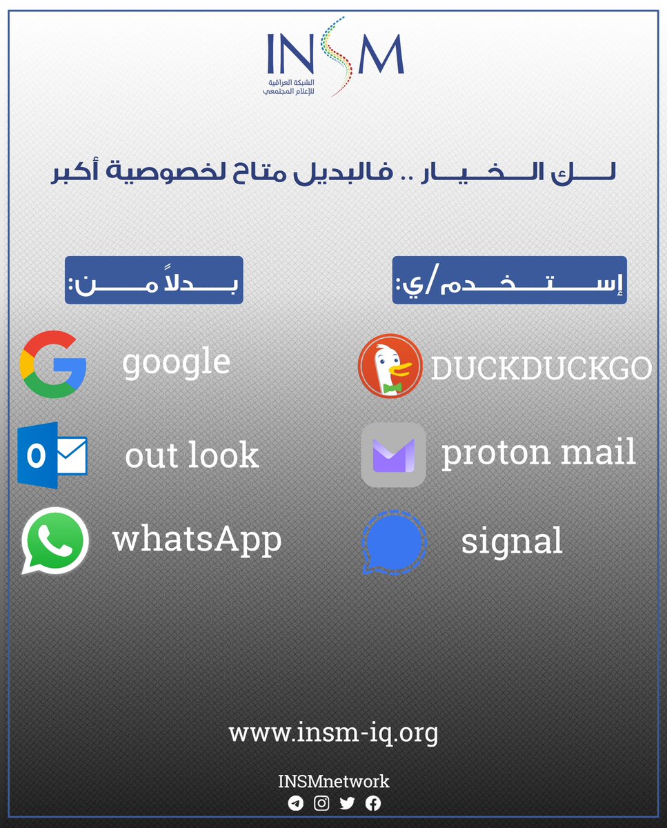 INSMnetwork's tweet photo. لك الخيار .. البديل متاح لخصوصية اكبر✅ 

#كن_آمن 
#besafe 
#StandUp4HumanRights 
#digitalrights_are_humanrights https://t.co/MsuzyOXcjr