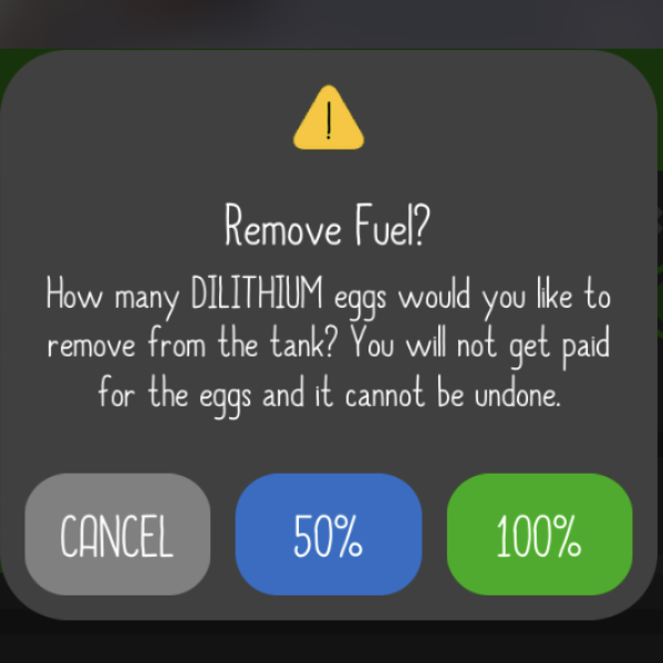 4tea2's tweet photo. @Auxbrain Can we *PLEASE* get smaller percentages than HALF or ALL?! (For fuel and artifacts consumption.) 25% would be very helpful. #egginc https://t.co/xiLKduFS7H