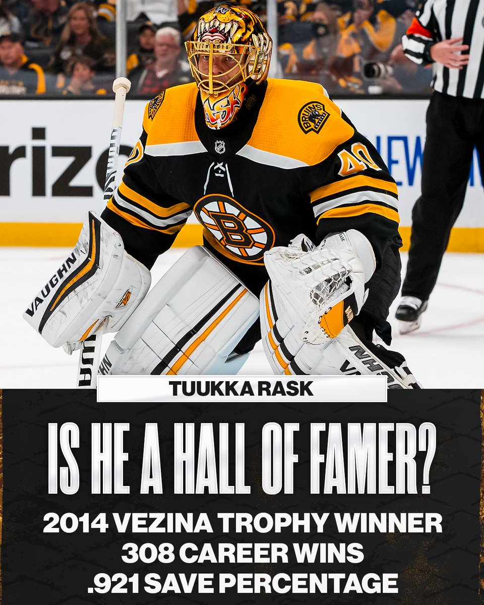 NHL's tweet image. With 308 career wins, a .921 save percentage, and a Vezina Trophy to his name, does Tuukka Rask belong in @HockeyHallFame? 🤔