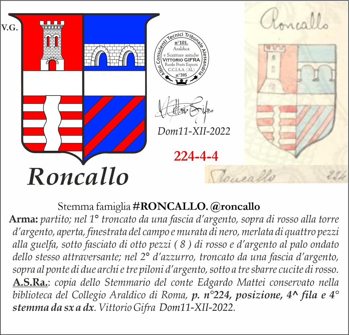 VGIFRA's tweet photo. Stemma famiglia #RONCALLO. @roncallo
A.S.Ra.: copia dello Stemmario del conte Edgardo Mattei conservato nella biblioteca del Collegio Araldico di Roma, p. n°224, posizione, 4^ fila e 4° stemma da sx a dx. Vittorio Gifra Dom11-XII-2022. https://t.co/qMZtCbUJQ2
