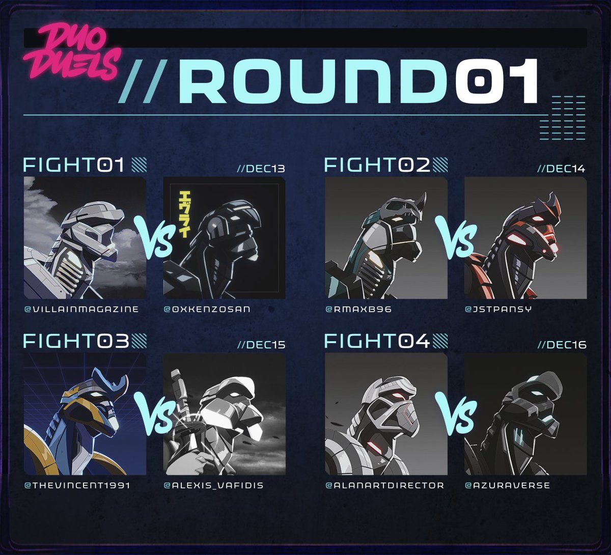 Everai's tweet photo. Duo Duels Round 1 Bracket:
@VillainMagazine
@0xKenzoSan
@rmaxb96
@Jstpansy
@thevincent1991
@Alexis_Vafidis
@alanartdirector
@azuraverse
TY to everyone who participated. But it's not over yet. We still have epic battles ahead of us. Who are you supporting? #DuoDuels https://t.co/us1Dpp7w7U