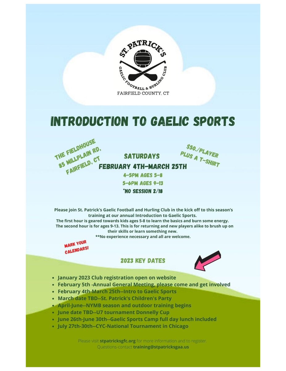 Introduction to Gaelic Sports!
The first hour is geared towards kids ages 5-8 to learn the basics and burn some energy. The second hour is for ages 9-13. This is for returning and new players alike to brush up on their skills or learn something new.
**No experience necessary
