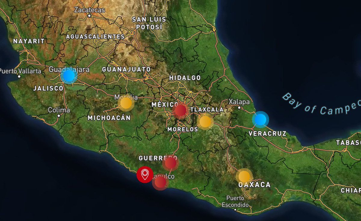 #Sismo en progreso. Efectos esperados en los próximos segundos: 

CDMX: 🔴 VIOLENTO
ACA: 🔴 VIOLENTO
CHI: 🔴 VIOLENTO
PUE: 🟡 MODERADO
OAX: 🟡 MODERADO
VER: 🔵 LIGERO
MOR: 🟡 MODERADO
GDL: 🔵 LIGERO

08:31:58 #SASSLA