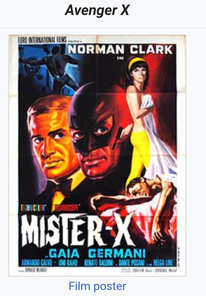 Always on the hunt for a rare film (filum 🤣) just discovered this 1967 Italian superhero movie and I'll be going out of my way to find it 😊 

#filumhunter #misterx #avengerx #rarefilm #italianfilm #timothybrent