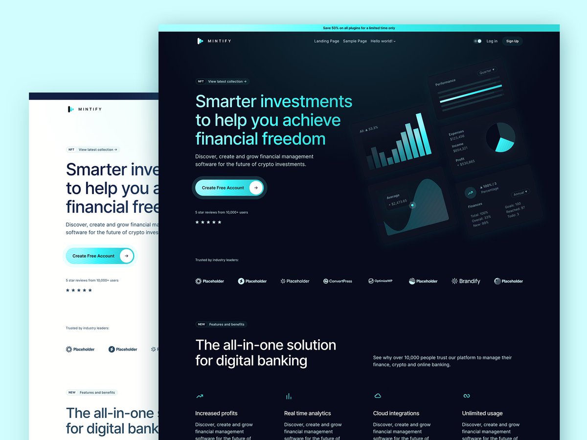 blockifywp's tweet photo. Mintify is a new FSE/block theme designed for fintech, crypto, NFTs or any kind of SaaS. Available now to Blockify Pro members and coming soon to https://t.co/8Tdk1UqxsI. Live preview available at https://t.co/Z4y3axWBC5 #wordpress #fintech https://t.co/37bV81SZeT