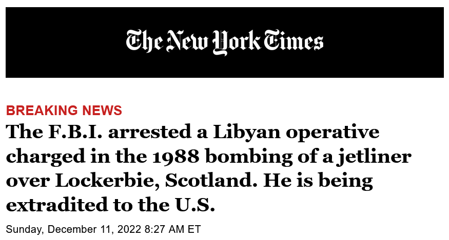 FBI arrests Libyan for 1988 bombing of jet over Lockerbie, Scotland