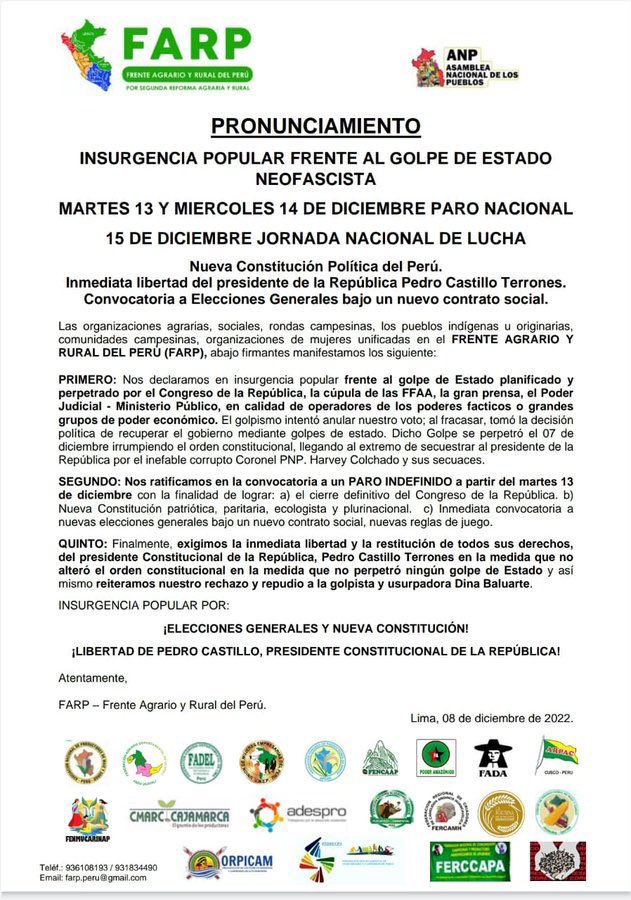la_4tv's tweet photo. Organizaciones y pueblos llaman a una Rebelión Civil y Paro Nacional Indefinido en Perú, para sacar a la derecha tradicional corrupta del Congreso. 

El Paro a partir del lunes 12 de diciembre. Hasta que Pedro Castillo esté en libertad 🕊. https://t.co/dFwSV4aaM3