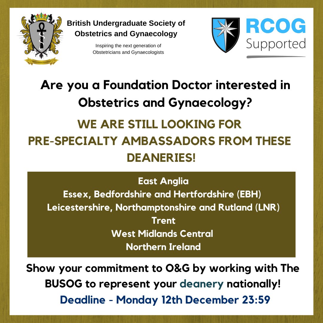 TheBUSOG's tweet photo. Thank you for all the pre-specialty ambassador applications we have received so far! There is ONE day left to apply if you are from the deaneries below. 

Link to apply: https://t.co/I8M2HOi1sw https://t.co/dULM64MFY9