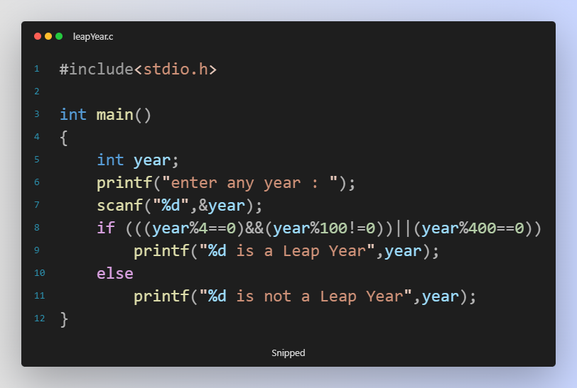 Purvesh_chow's tweet photo. #Day24 #100DaysOfCode
Project : Leap year or not
Language : C
#programming #daily #programmer #python3 #Python #javascript #cpplanguage #clanguage #ArtificialIntelligence #webdevelopment #DataScience #appdevelopment #tech #technical #girlscript #googledevs #CPP #c #DevOps https://t.co/qvRlIhkA63