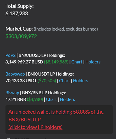 defi_buddy's tweet photo. @binary_x what's up with this? Why is there an unlocked wallet holding 59% of the BNX/BUSD LP? https://t.co/9Mwf0W2Xlr