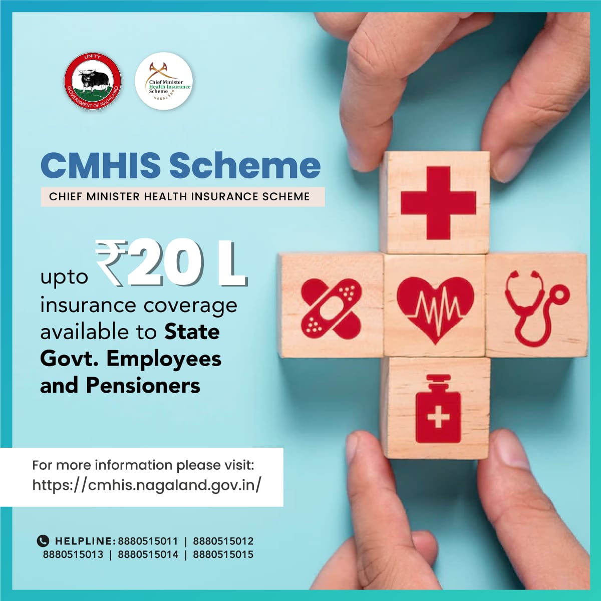 Under Chief Minister Health Insurance Scheme, State Government Employees and Pensioners are covered upto Rs 20 lakh
#CMHIS 
<a href="/Neiphiu_Rio/">Neiphiu Rio</a> 
<a href="/NagalandCS/">DrJ_Alam</a>
<a href="/CmoNagaland/">CMO Nagaland</a> 
<a href="/HealthNagaland/">HFWNagaland</a> 
<a href="/dipr_nagaland/">DIPR Nagaland</a>