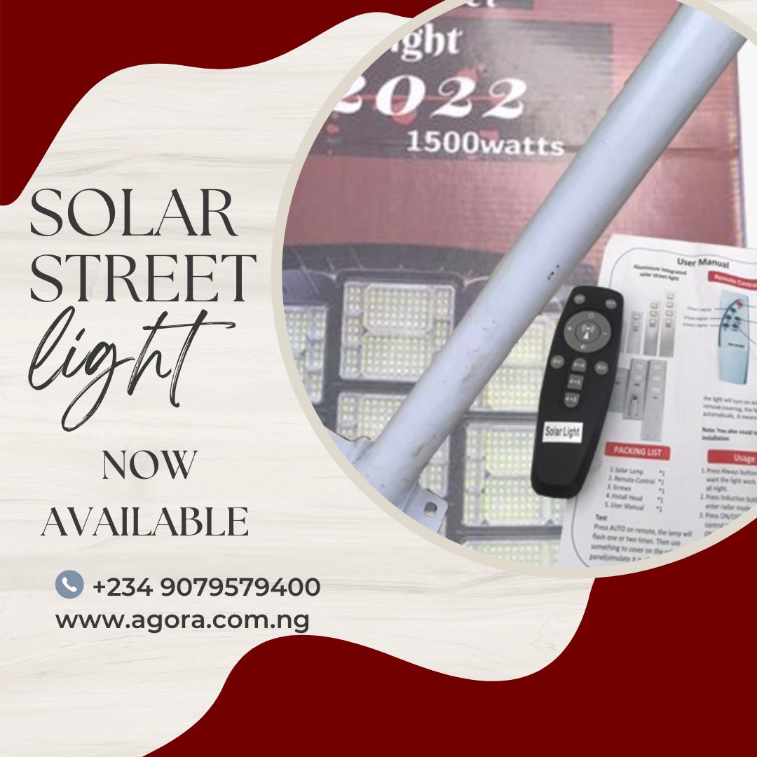 AgoraMarketpla1's tweet photo. This 24-eye solar street lamp with panel and optimal motion sensor is easy to install, and it does not require additional hard-wire links, can be mounted on a wall or pole. 

#solarsystem #solarpanels #streetlights 

Chinedu Mitchell 
09079579400 (call)
08090954282 (WhatsApp) https://t.co/lI1RxLXgdl