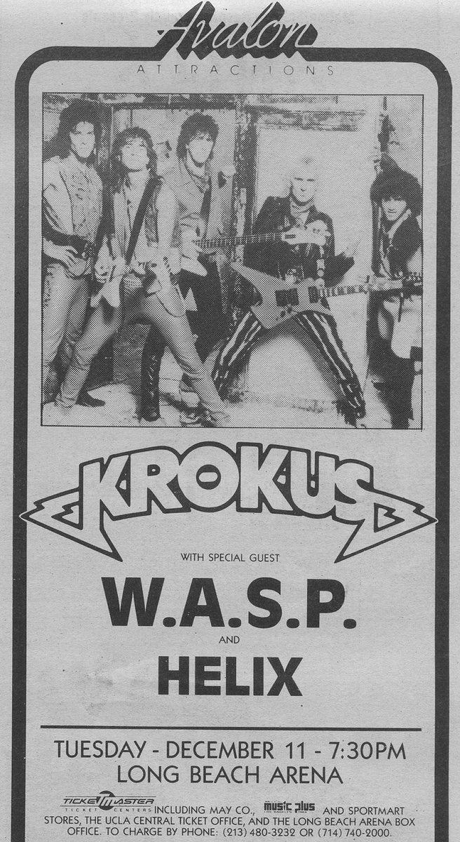 METALSHOPROCKS's tweet photo. December 11, 1984: In the US, Krokus was a huge draw out west, headlining Long Beach Arena in Southern California with special guests W.A.S.P. and Helix. Listen for all three bands on METAL SHOP https://t.co/cYq08C8Im6 #80sMetal #MetalRadio #Krokus #WASPband #HelixBand https://t.co/ekhmrBauKt