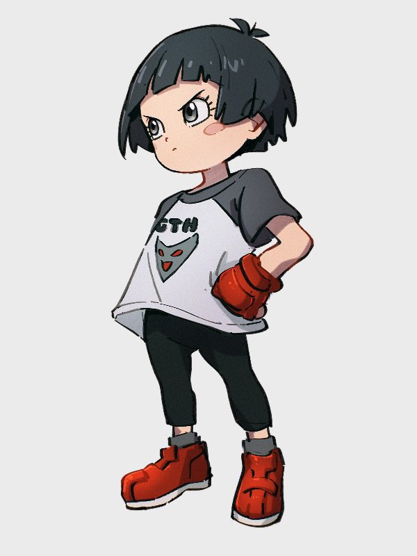 1girl solo short hair black hair shirt blush stickers red footwear  illustration images