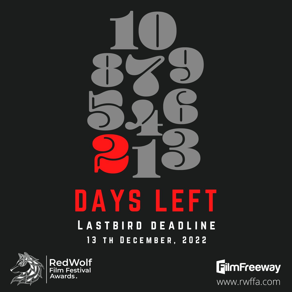 RedWolffestival's tweet photo. Last 2 days left for Lastbird Deadline. Submit your project via filmfreeway https://t.co/cHIVaL5Ifo before the deadline ends.

#indiefilm #rwffa #supportindiefilm #filmmakers #shortfilm #filmfestival https://t.co/lzpdXkgyzL