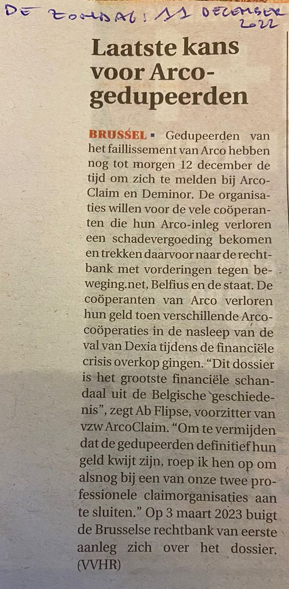 Als voorzitter van een aantal Belgische claimorganisaties heb ik een laatste oproep gedaan in de Krant op Zondag. Voor 770.000 gedupeerde #Arco spaarders dreigt verjaring van hun claim. Deze mensen zijn 'belogen en bedrogen' door hun eigen overheid, vakorganisatie en @Belfius