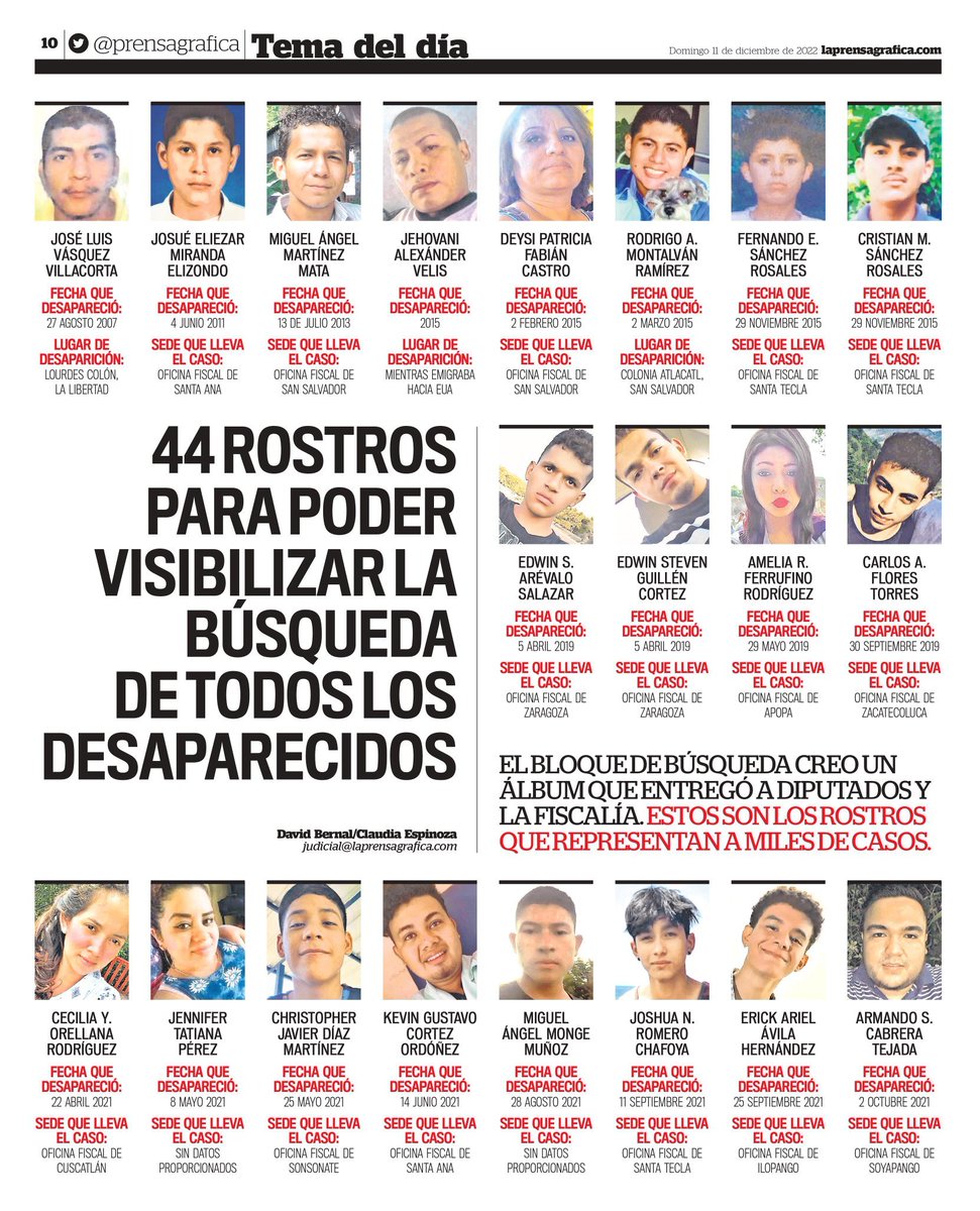 Avelar2112's tweet image. ¿Dónde están?

LPG nos muestra hoy los rostros de 44 salvadoreños desaparecidos. Sus familiares los buscan.