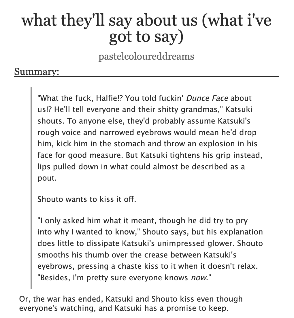 _pastellea's tweet photo. what they'll say about us (what i've got to say)

💜 #bakutodo #bktd #爆轟
💜 Rated T, implied/referenced sexual content
💜 ch. 1, 14K
💜 chap 362 spoilers

https://t.co/qu0DDtty6l https://t.co/4VwwSD6Tcj